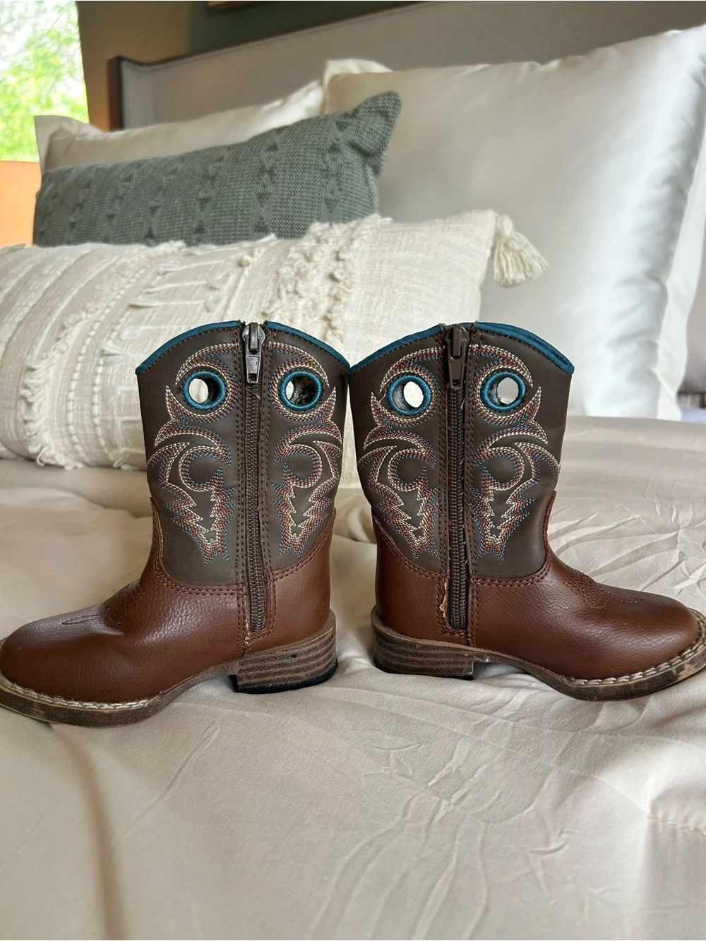 Dbl Barrel - Toddler Brown Cowboy Boots with Turquoise Trim